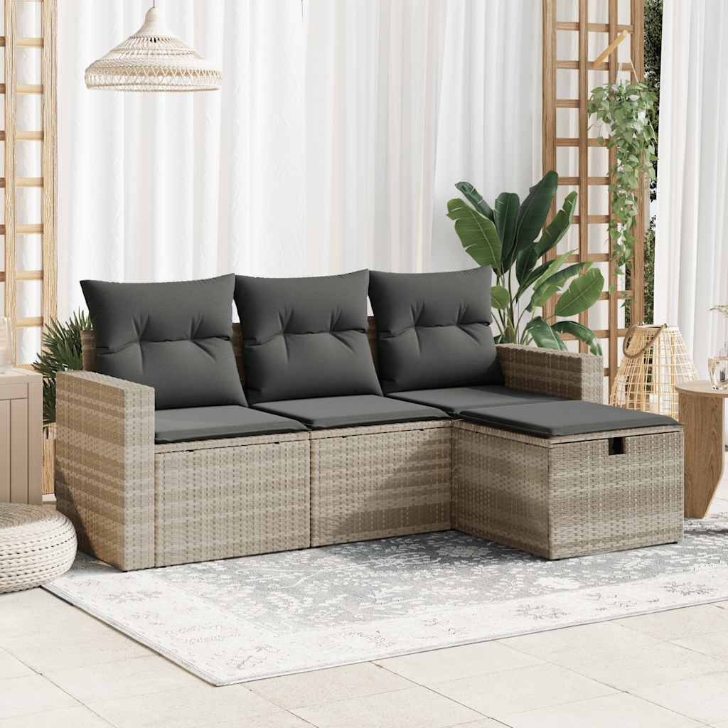 Set Divano da Giardino 4pz con Cuscini Grigio Chiaro Polyrattan