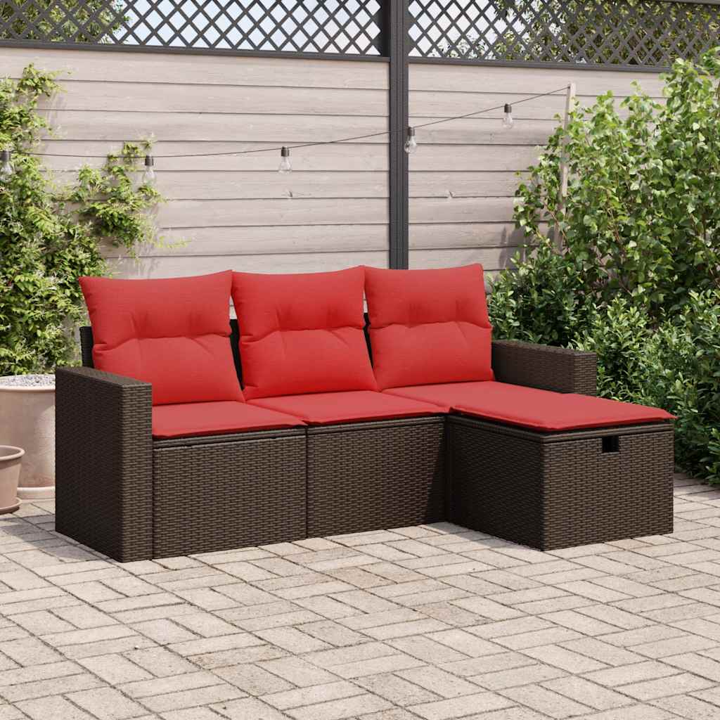 Set Divano da Giardino 4 pz con Cuscini Marrone in Polyrattan