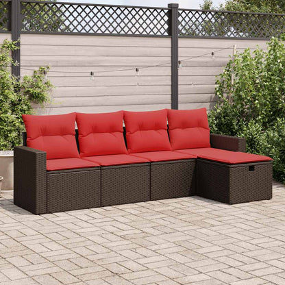 Set Divano da Giardino 5 pz con Cuscini Marrone in Polyrattan