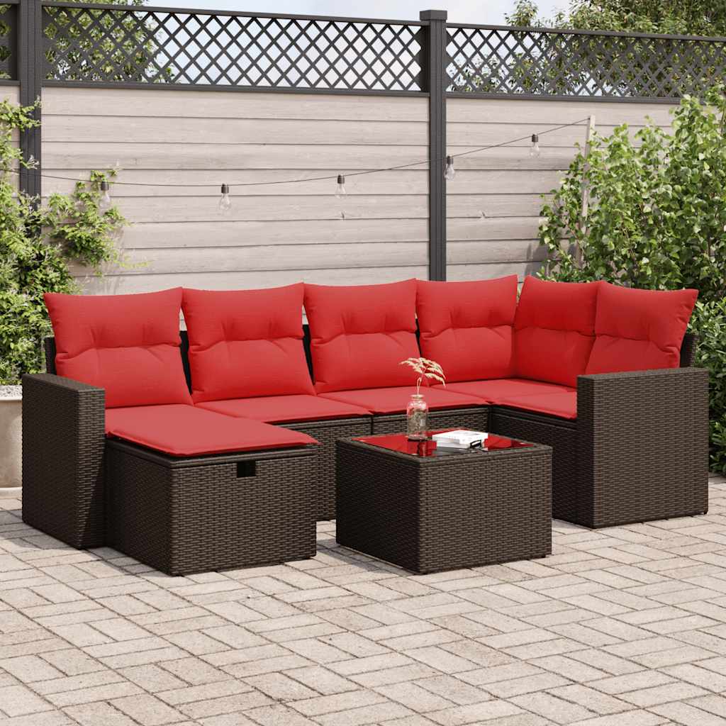 Set Divani da Giardino 7 pz con Cuscini Marrone in Polyrattan