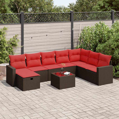 Set Divani da Giardino 9pz con Cuscini Marrone in Polyrattan