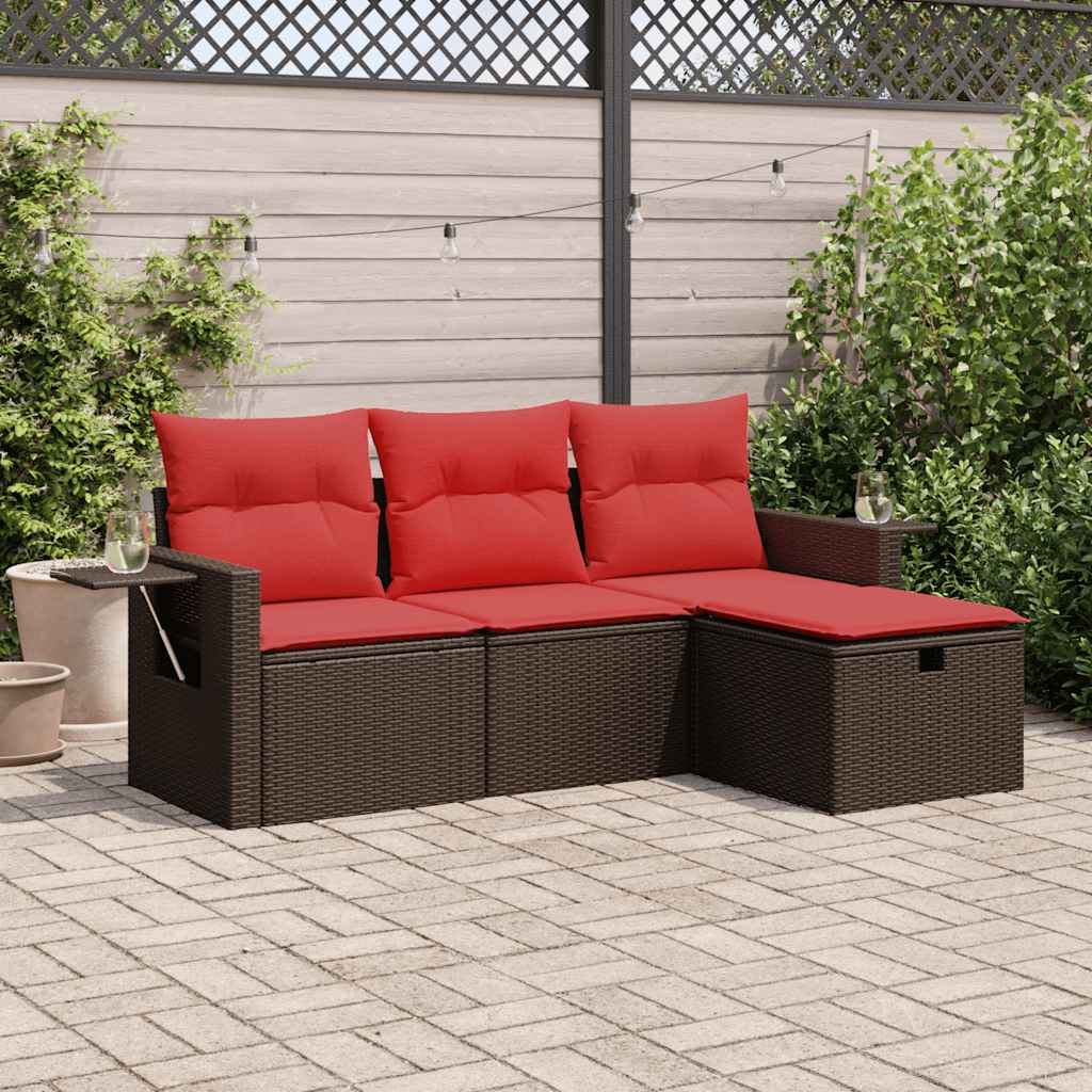 Set Divano da Giardino 4 pz con Cuscini Marrone in Polyrattan