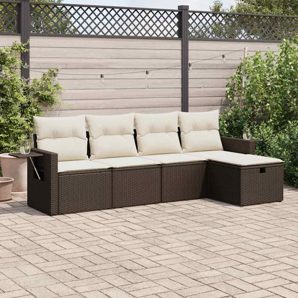 Set Divano da Giardino 5 pz con Cuscini Marrone in Polyrattan