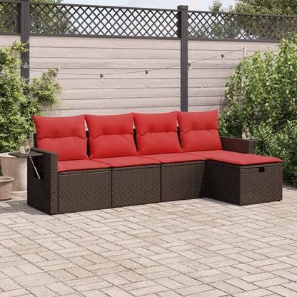 Set Divano da Giardino 5 pz con Cuscini Marrone in Polyrattan