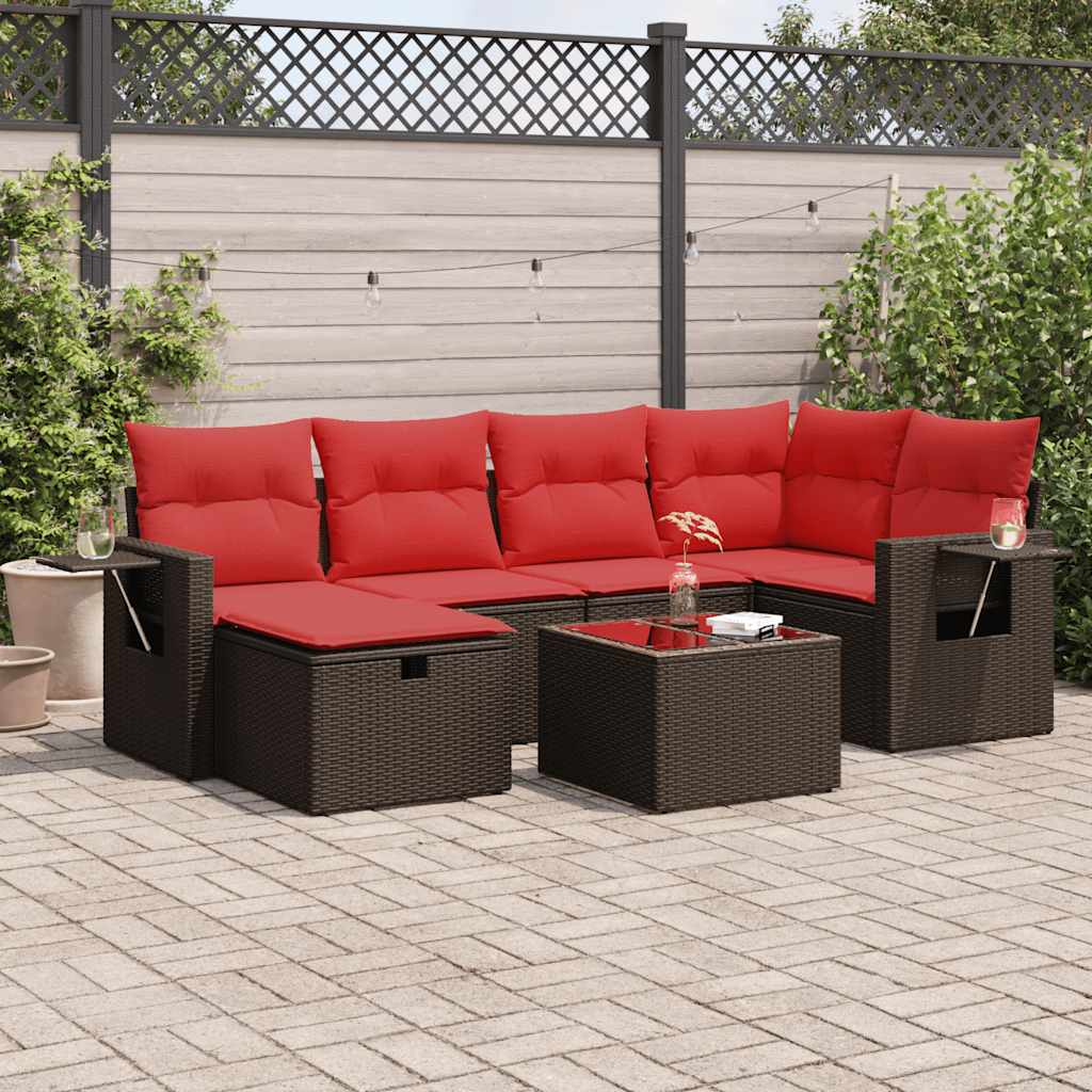 Set Divani da Giardino 7 pz con Cuscini Marrone in Polyrattan