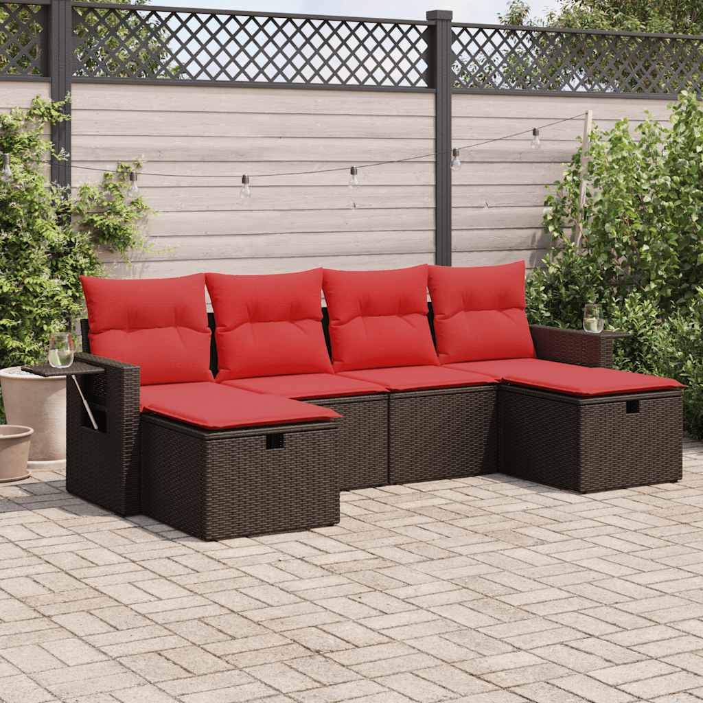 Set Divano da Giardino 6 pz con Cuscini Marrone in Polyrattan