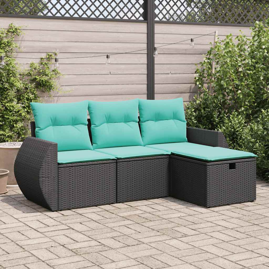 Set Divani da Giardino 4 pz con Cuscini Nero in Polyrattan