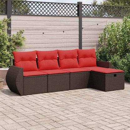 Set Divano da Giardino 5 pz con Cuscini Marrone in Polyrattan