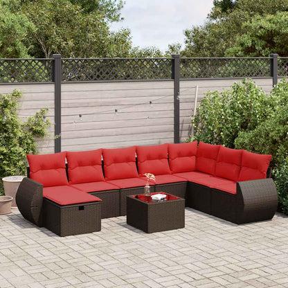 Set Divani da Giardino 9pz con Cuscini Marrone in Polyrattan