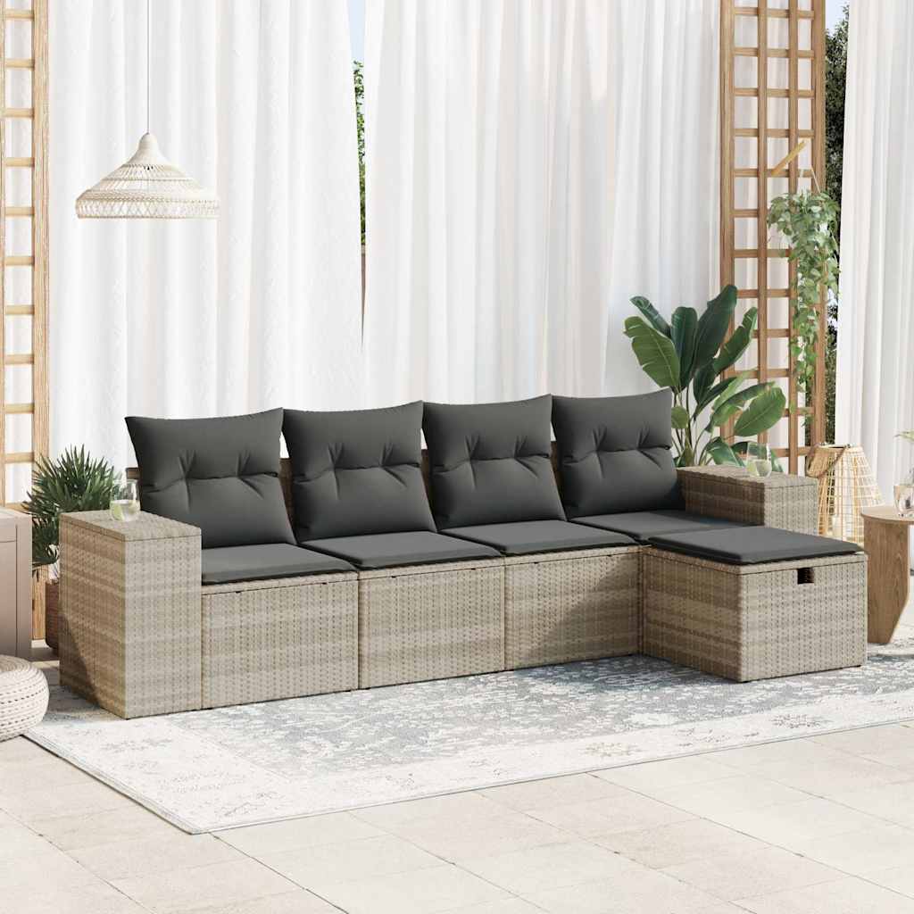 Set Divano da Giardino 5pz con Cuscini Grigio Chiaro Polyrattan