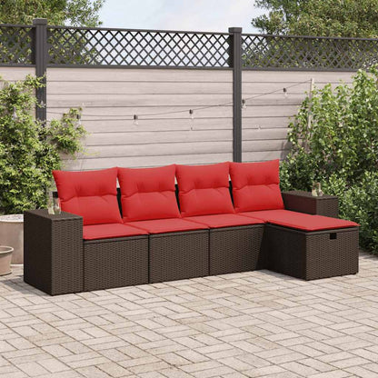 Set Divano da Giardino 5 pz con Cuscini Marrone in Polyrattan