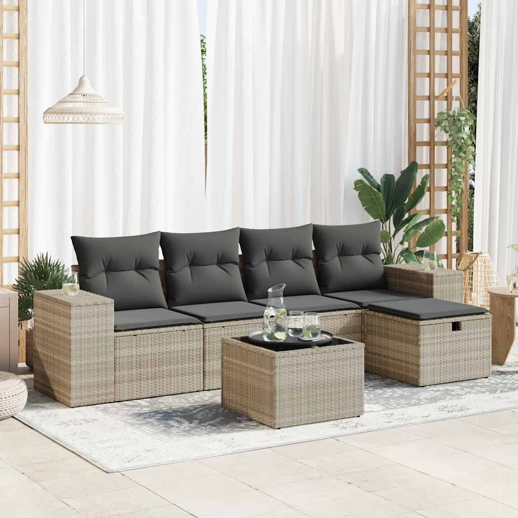 Set Divano da Giardino 6pz con Cuscini Grigio Chiaro Polyrattan