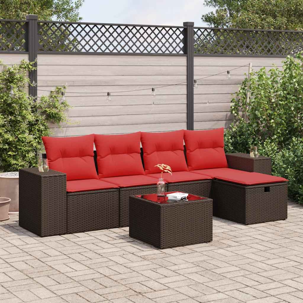 Set Divano da Giardino 6 pz con Cuscini Marrone in Polyrattan