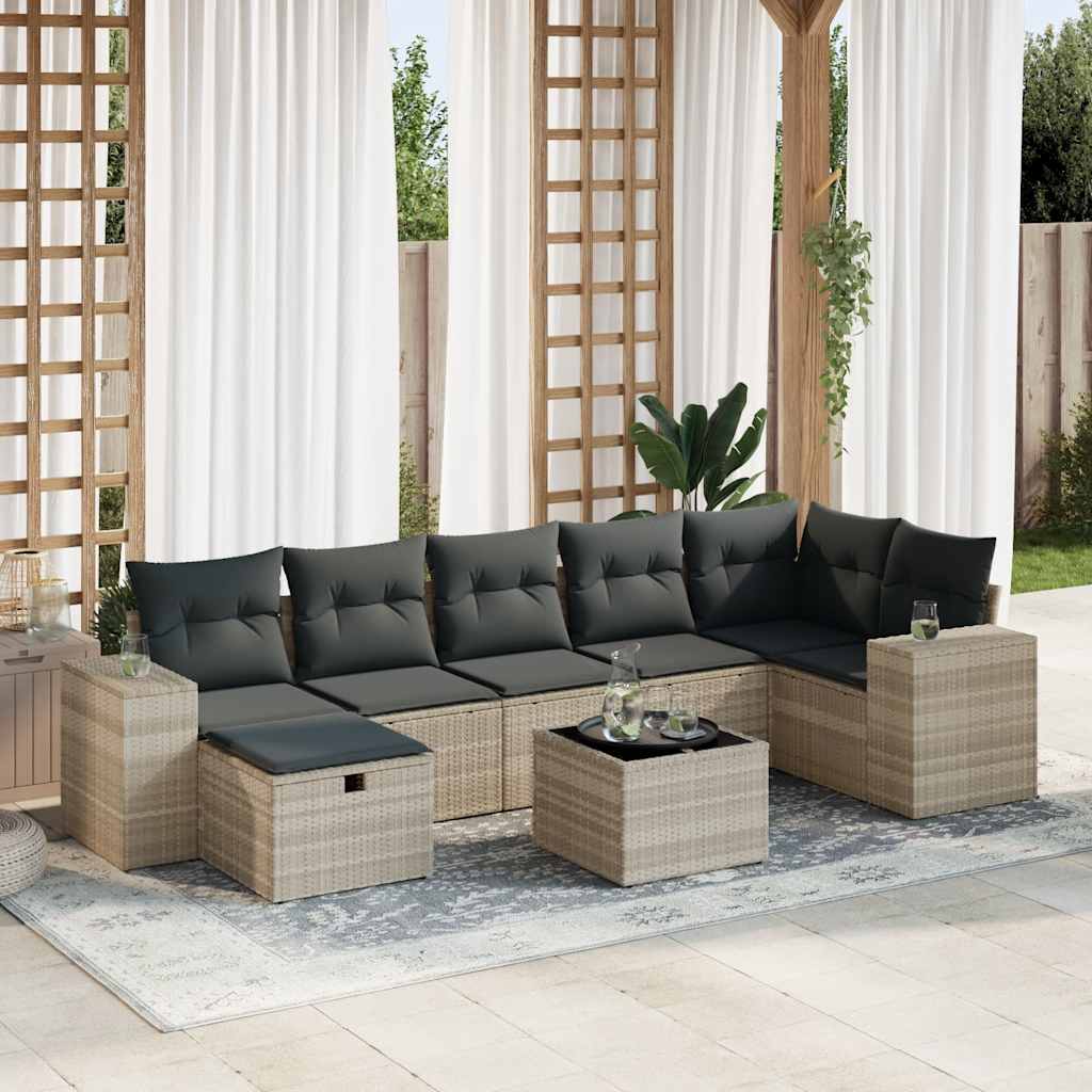 Set Divano da Giardino 8pz con Cuscini Grigio Chiaro Polyrattan
