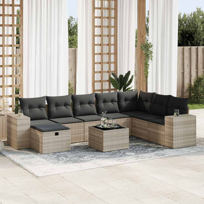 Set Divano da Giardino 9pz con Cuscini Grigio Chiaro Polyrattan