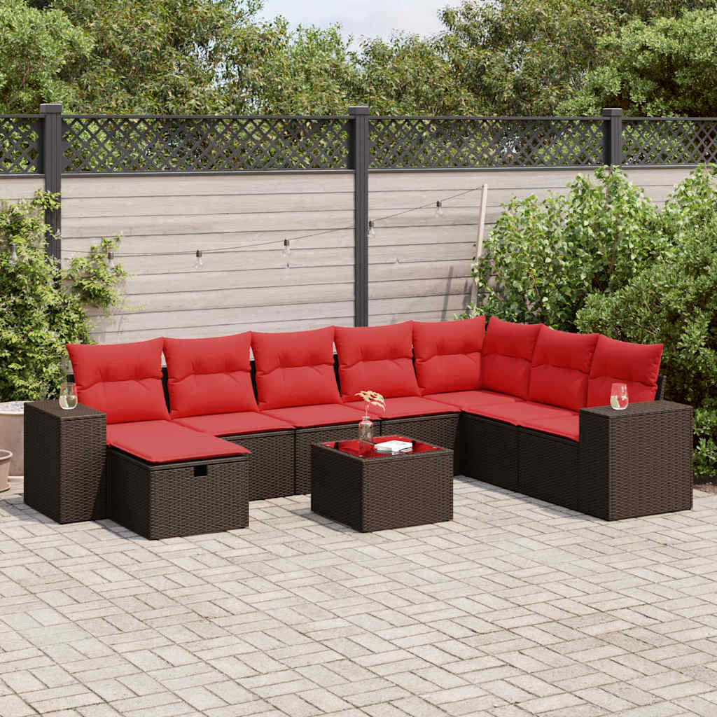 Set Divani da Giardino 9pz con Cuscini Marrone in Polyrattan
