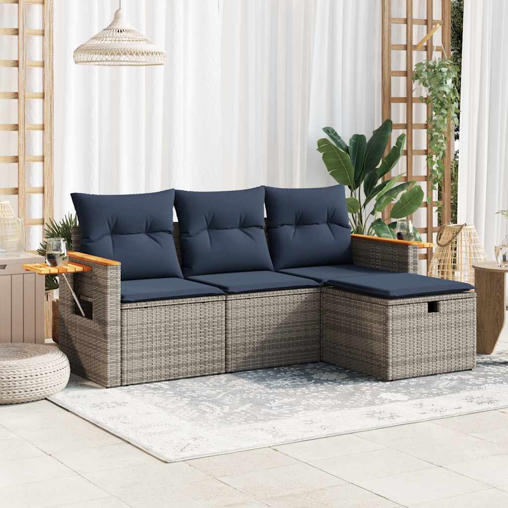 Set Divani da Giardino 4 pz con Cuscini in Polyrattan Grigio