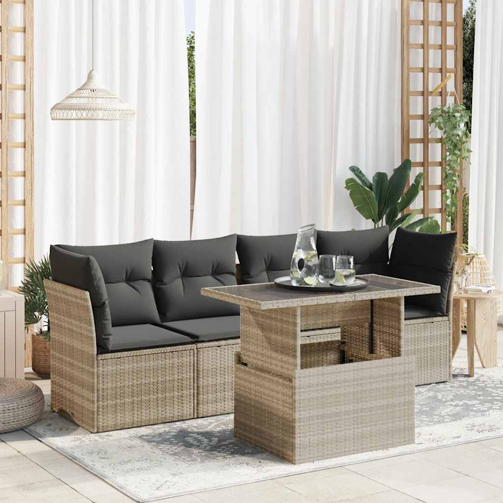Set Divano da Giardino 5pz con Cuscini Grigio Chiaro Polyrattan