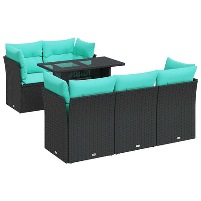 Set Divano da Giardino 6 pz con Cuscini Nero Polyrattan Acacia