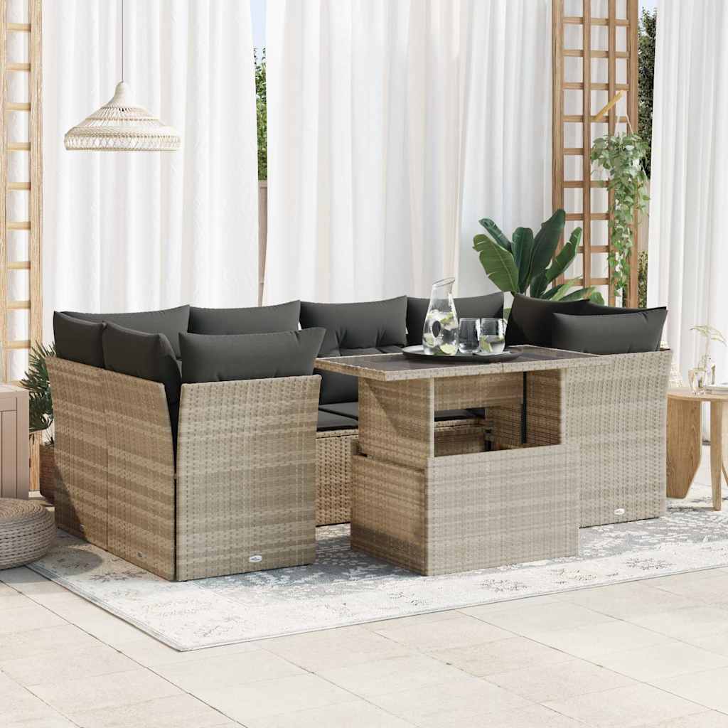 Set Divani da Giardino 7pz con Cuscini Grigio Chiaro Polyrattan