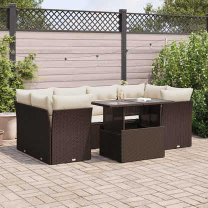 Set Divani da Giardino 7 pz con Cuscini Marrone in Polyrattan