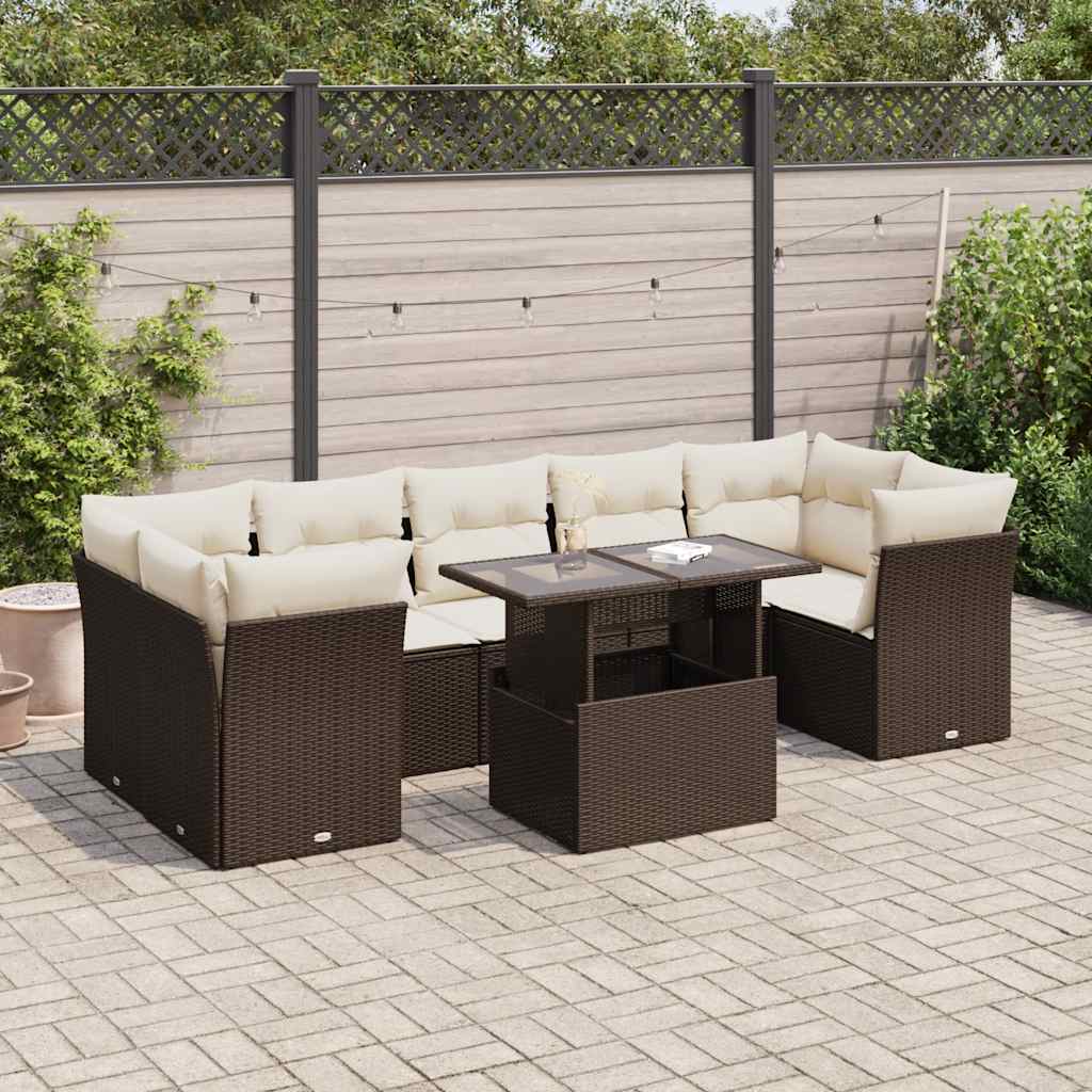 Set Divani da Giardino 8 pz con Cuscini Marrone in Polyrattan
