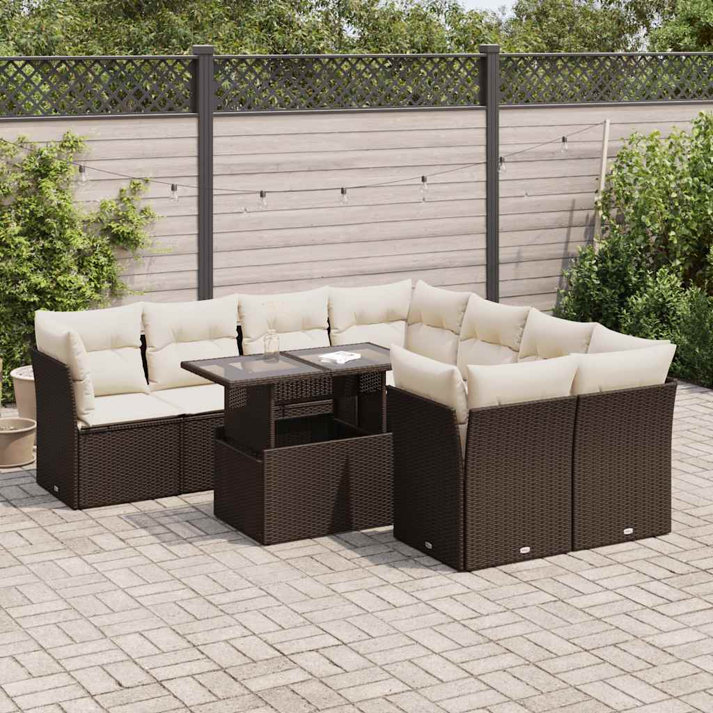 Set Divani da Giardino 9pz con Cuscini Marrone in Polyrattan