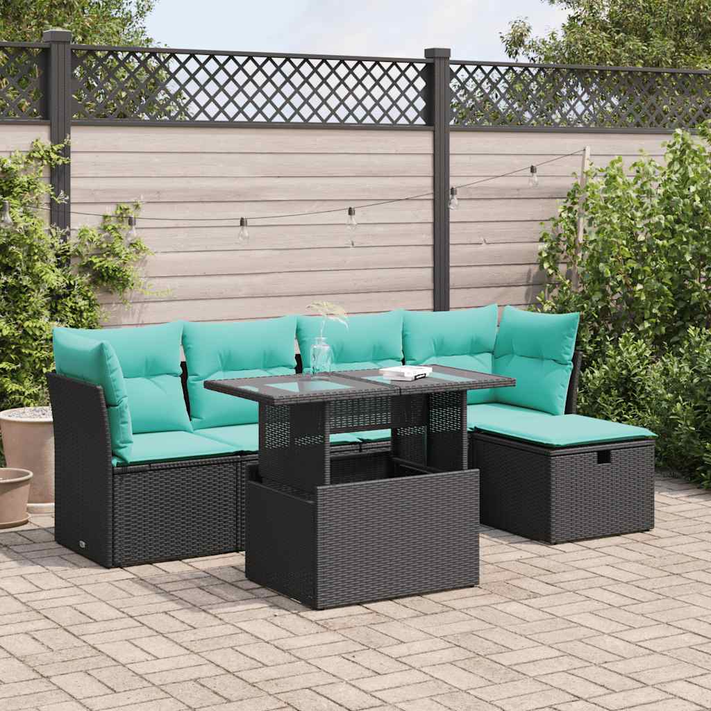 Set Divano da Giardino 6 pz con Cuscini Nero Polyrattan Acacia
