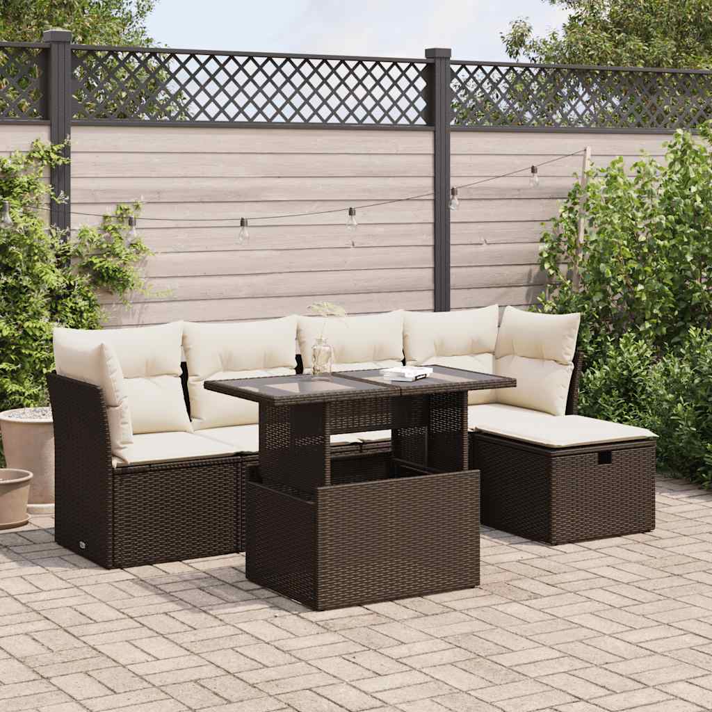 Set Divano da Giardino 6 pz con Cuscini Marrone in Polyrattan