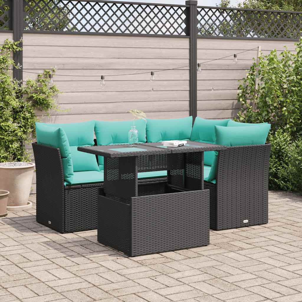 Set Divani da Giardino 5 pz con Cuscini Nero Polyrattan Acacia