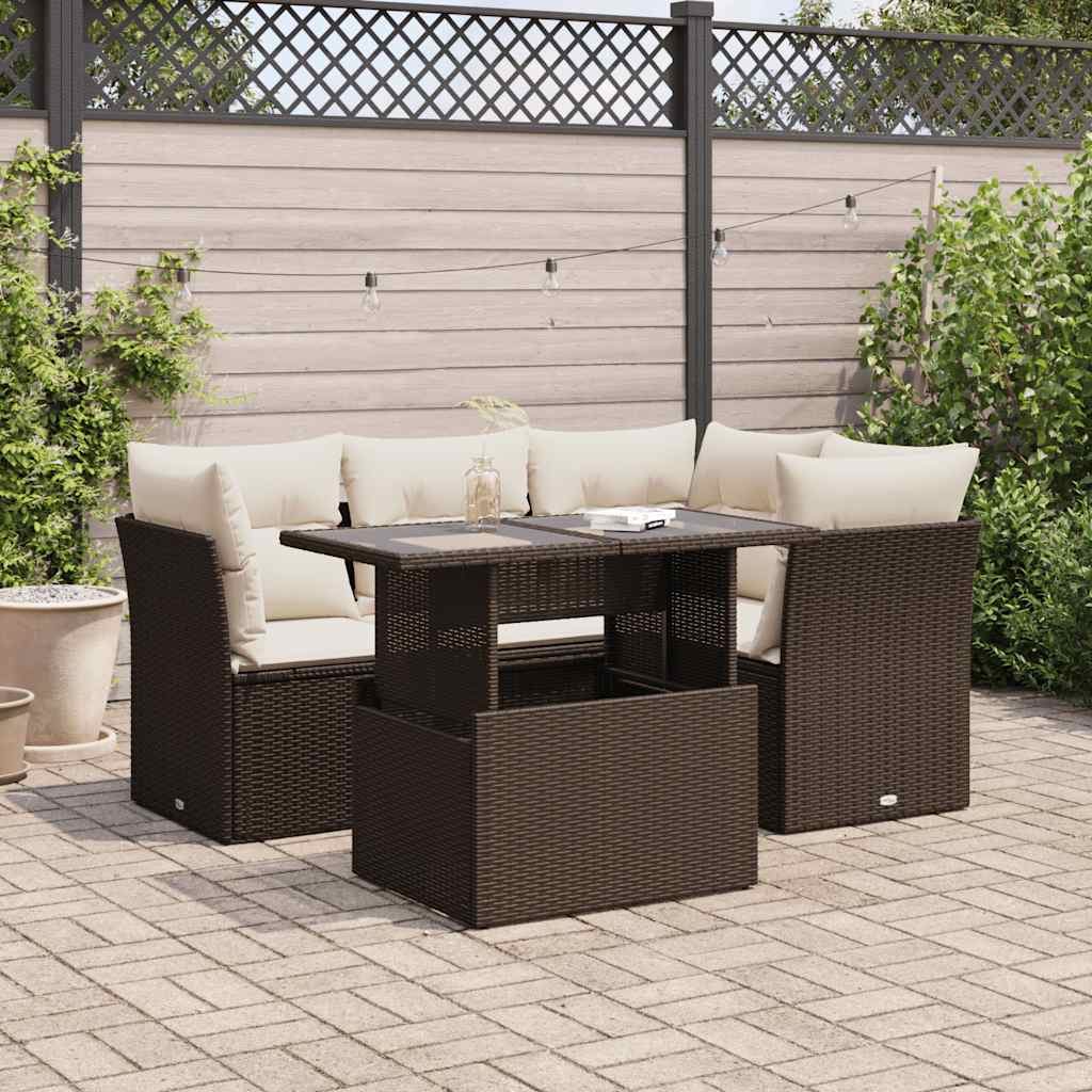 Set Divano da Giardino 5 pz con Cuscini Marrone in Polyrattan