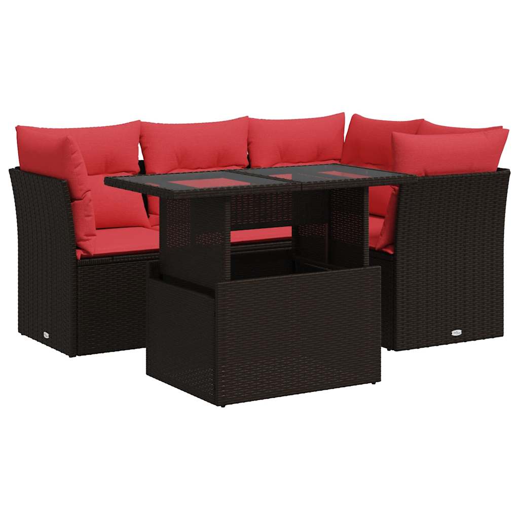 Set Divano da Giardino 5 pz Cuscini Marrone Polyrattan e Acacia