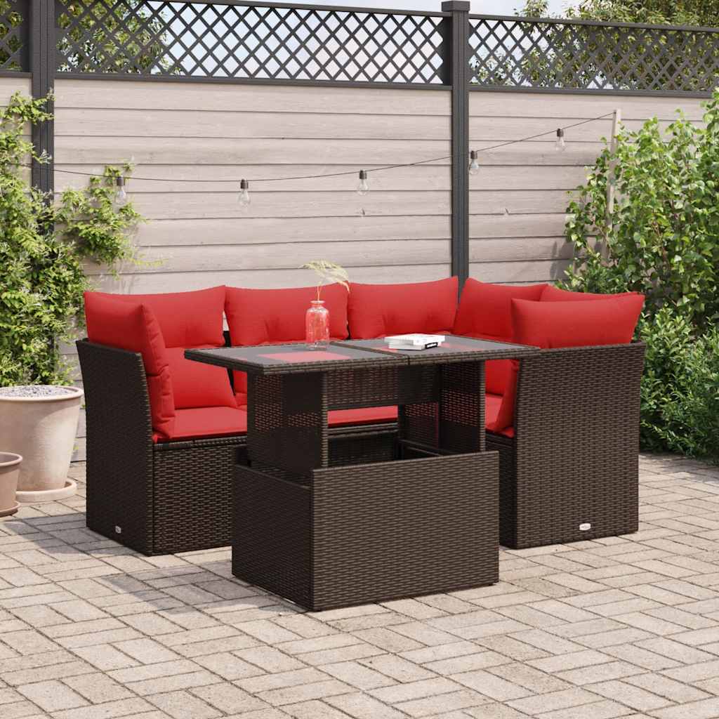 Set Divano da Giardino 5 pz Cuscini Marrone Polyrattan e Acacia