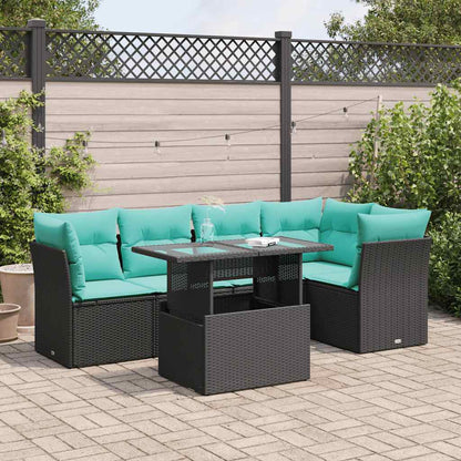 Set Divano da Giardino 6 pz con Cuscini Nero Polyrattan Acacia