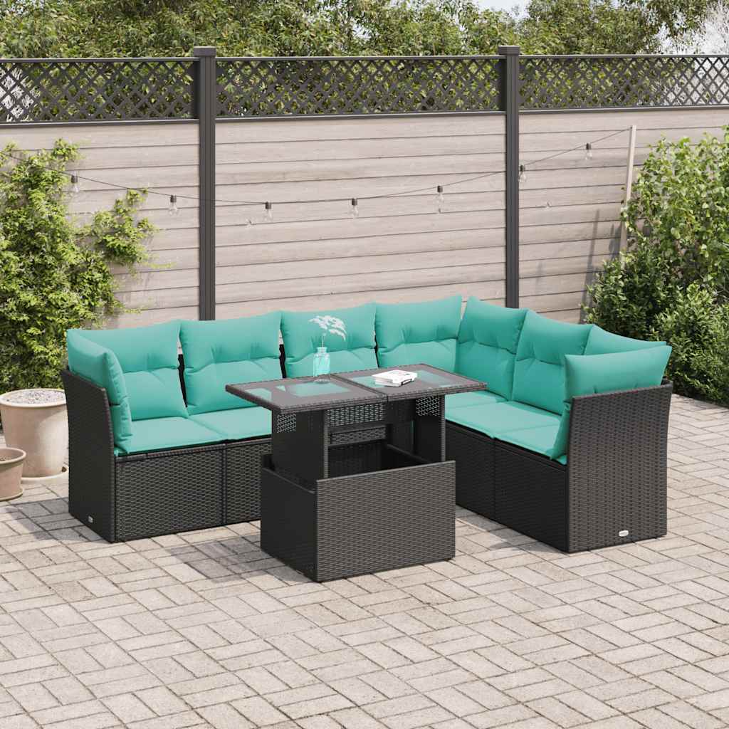 Set Divani Giardino 7 pz con Cuscini Nero Polyrattan Acacia