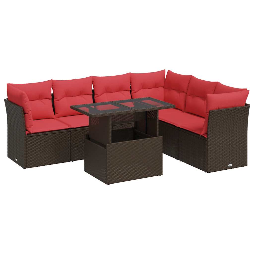 Set Divani da Giardino 7pz con Cuscini Marrone Polyrattan Acacia