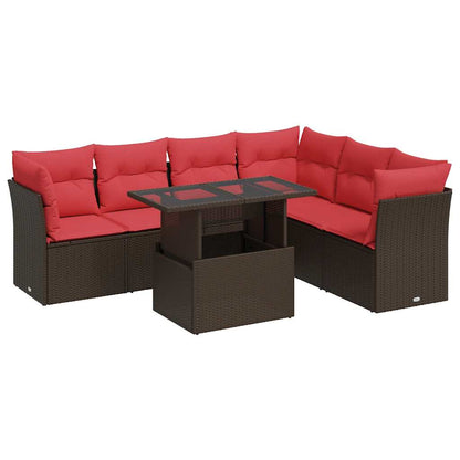 Set Divani da Giardino 7pz con Cuscini Marrone Polyrattan Acacia