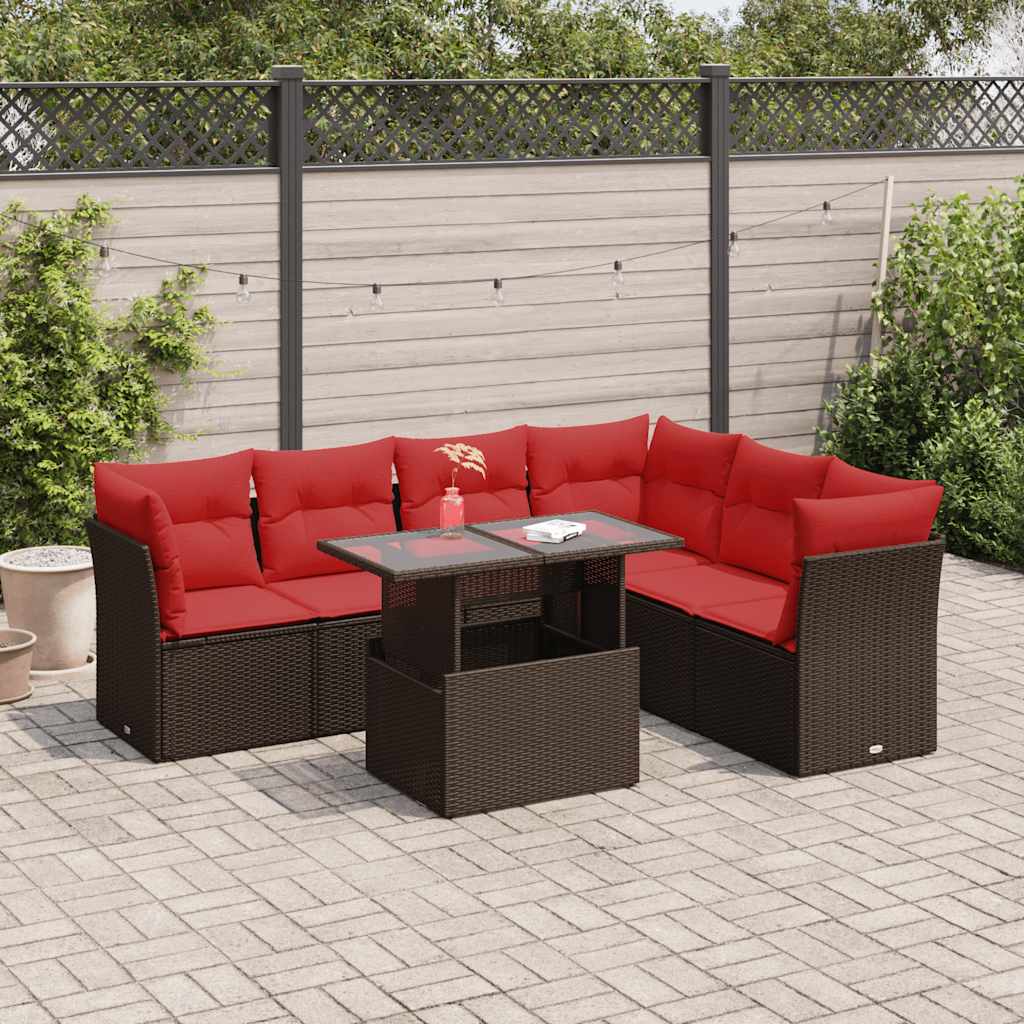 Set Divani da Giardino 7pz con Cuscini Marrone Polyrattan Acacia