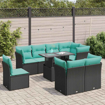 Set Divani da Giardino 9 pz con Cuscini Nero Polyrattan Acacia