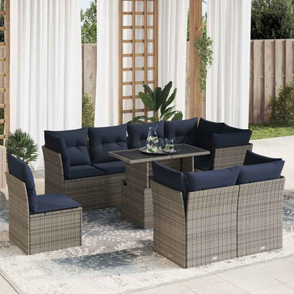 Set Divano da Giardino 9pz con Cuscini Grigio Polyrattan Acacia