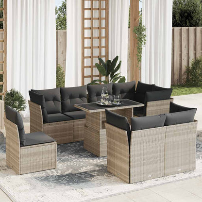 Set Divano da Giardino 9pz con Cuscini Grigio Chiaro Polyrattan