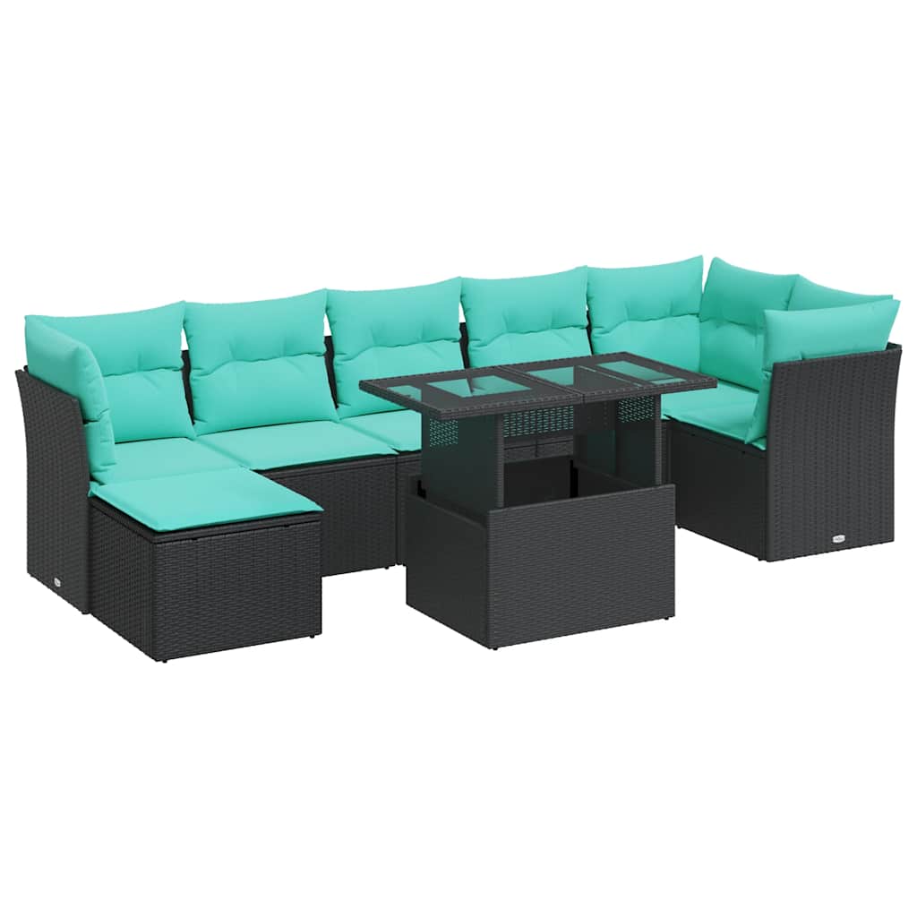 Set Divani da Giardino con Cuscini 8pz Nero Polyrattan Acacia