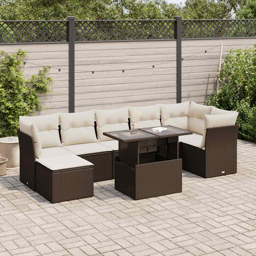 Set Divani da Giardino 8 pz con Cuscini Marrone in Polyrattan