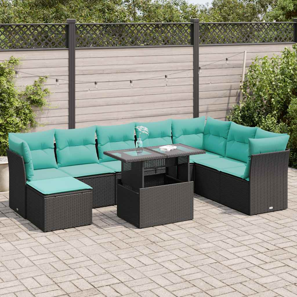 Set Divani da Giardino 9 pz con Cuscini Nero Polyrattan Acacia