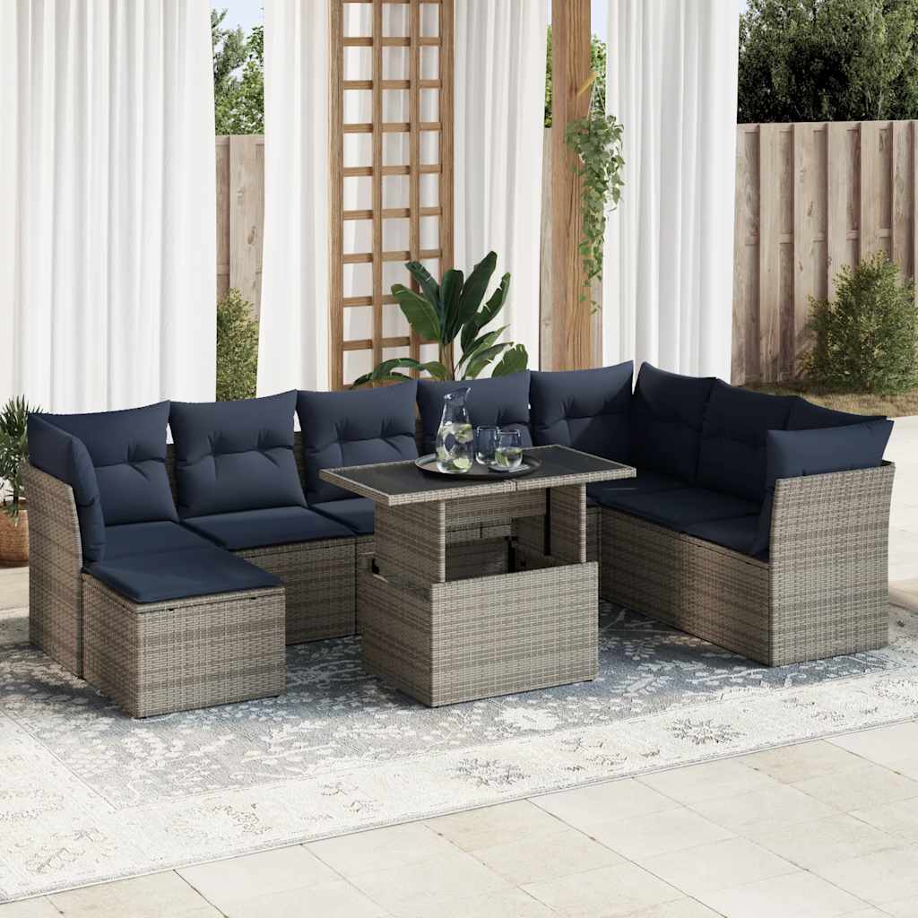 Set Divano da Giardino 9pz con Cuscini Grigio Polyrattan Acacia