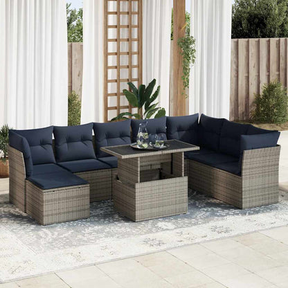 Set Divano da Giardino 9pz con Cuscini Grigio Polyrattan Acacia
