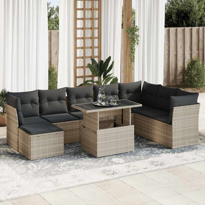 Set Divano da Giardino 9pz con Cuscini Grigio Chiaro Polyrattan