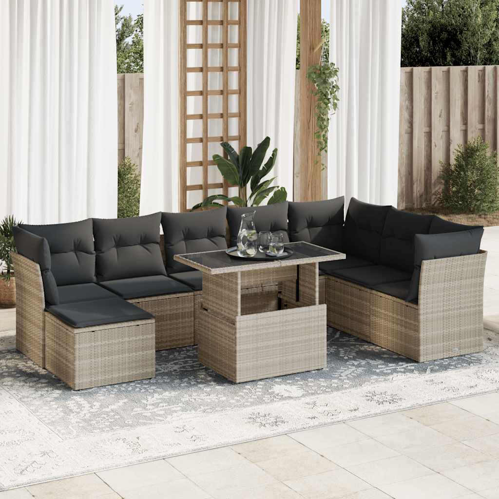 Set Divano da Giardino 9pz con Cuscini Grigio Chiaro Polyrattan
