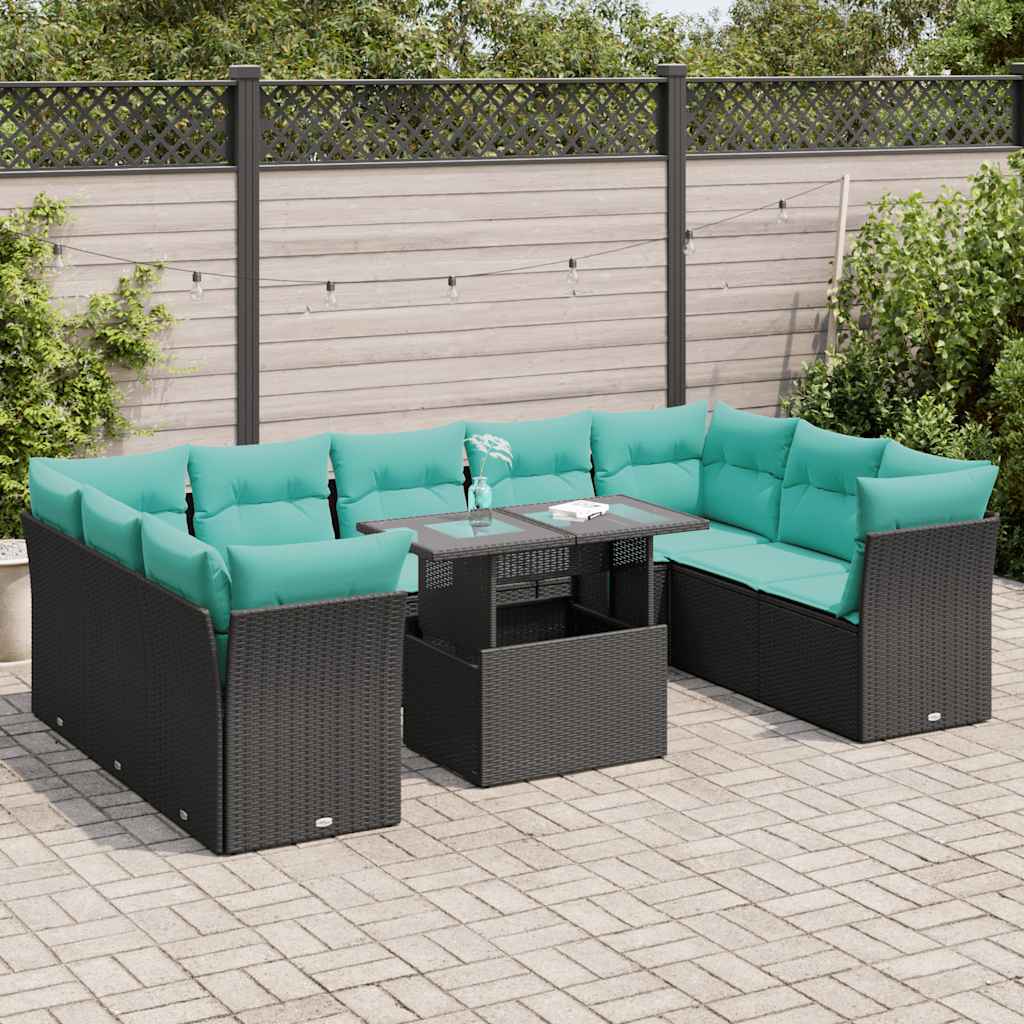 Set Divani da Giardino 10 pz con Cuscini Polyrattan Acacia Nero