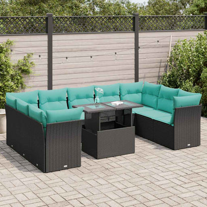 Set Divani da Giardino 10 pz con Cuscini Polyrattan Acacia Nero